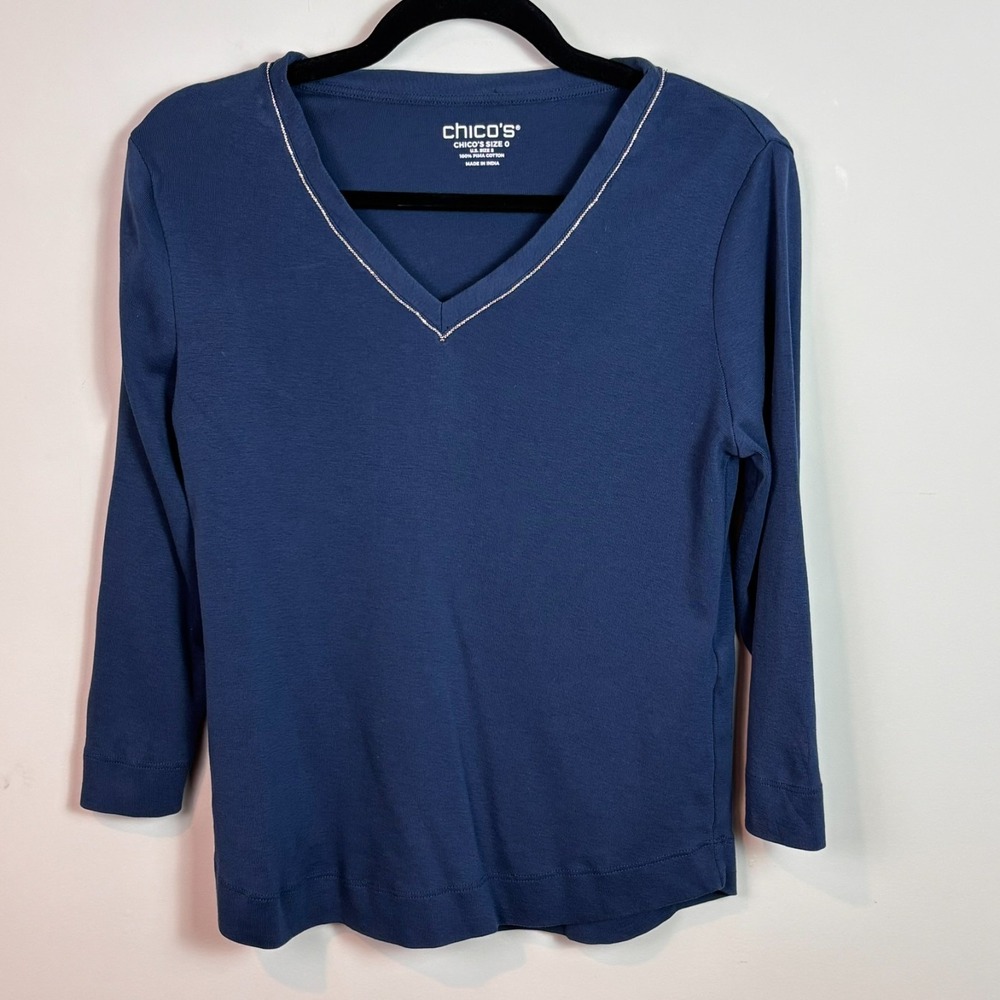 Chico's Womens Navy Silver Trim V-Neck 100% Pima Cotton 3/4 Sleeve Tee sz 0/SM